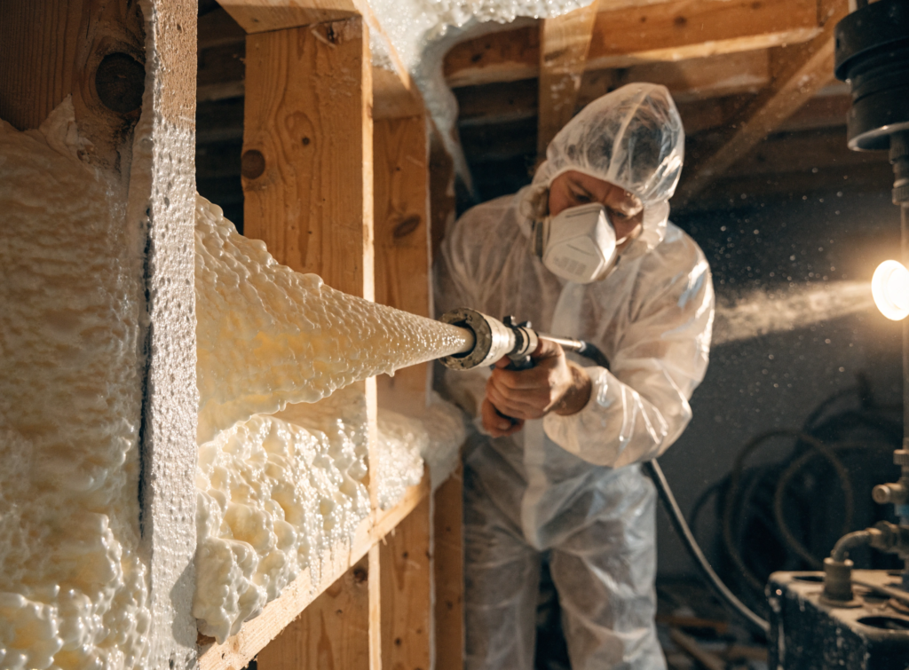 What is spray foam insulation Worker in protective suit and respirator applying spray foam insulation to wooden studs in a basement