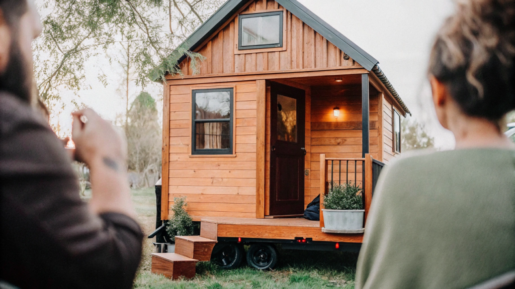 Whybuildatinyhouse1024x5761 Wooden tiny house on a trailer being viewed by two people with steps leading to the door and a potted plant on the porch