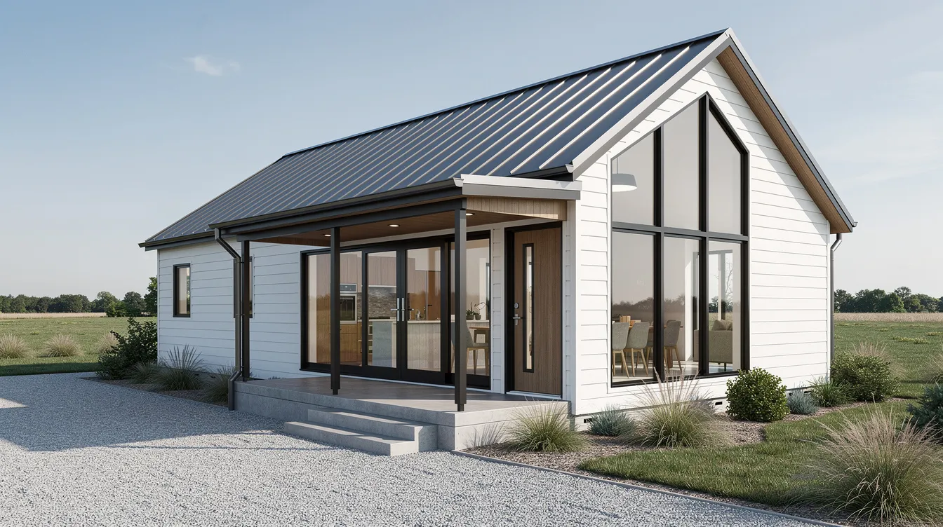A19801c9b844470889db5e70afb2c7b3 This image showcases a modern farmhouse featuring a sleek design with large black framed windows that allow natural light to fill the open living space The house plan includes a cozy covered porch two bedrooms and a simple yet stylish layout perfectly suited for tiny farmhouse living