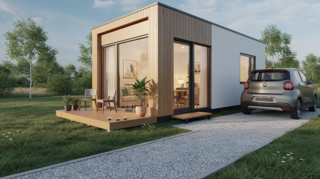 A1b0dd80ce224857b144bee979cad1cf1 Modern tiny house with a wooden front large glass doors and a small deck with chairs on a green lawn plus a parked car on a gravel driveway