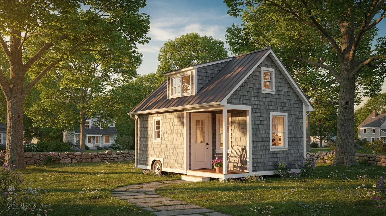 A21b756fa941439abece581e425ac904 The image depicts a charming shingled cottage style tiny house nestled on a vibrant green lawn surrounded by mature trees embodying the essence of tiny living in a picturesque New England setting This cozy home highlights the growing appeal of tiny houses as a sustainable and affordable housing option amidst rising housing costs and varying local zoning laws