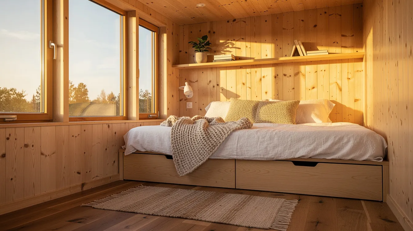 A26ae8ed329c4d679d4a6e2bf573c233 The image depicts a cozy tiny house interior featuring light wood walls and a platform bed with storage drawers bathed in natural light from large windows This stylish living space exemplifies the charm of tiny living with ample counter space and a functional layout that maximizes every square inch
