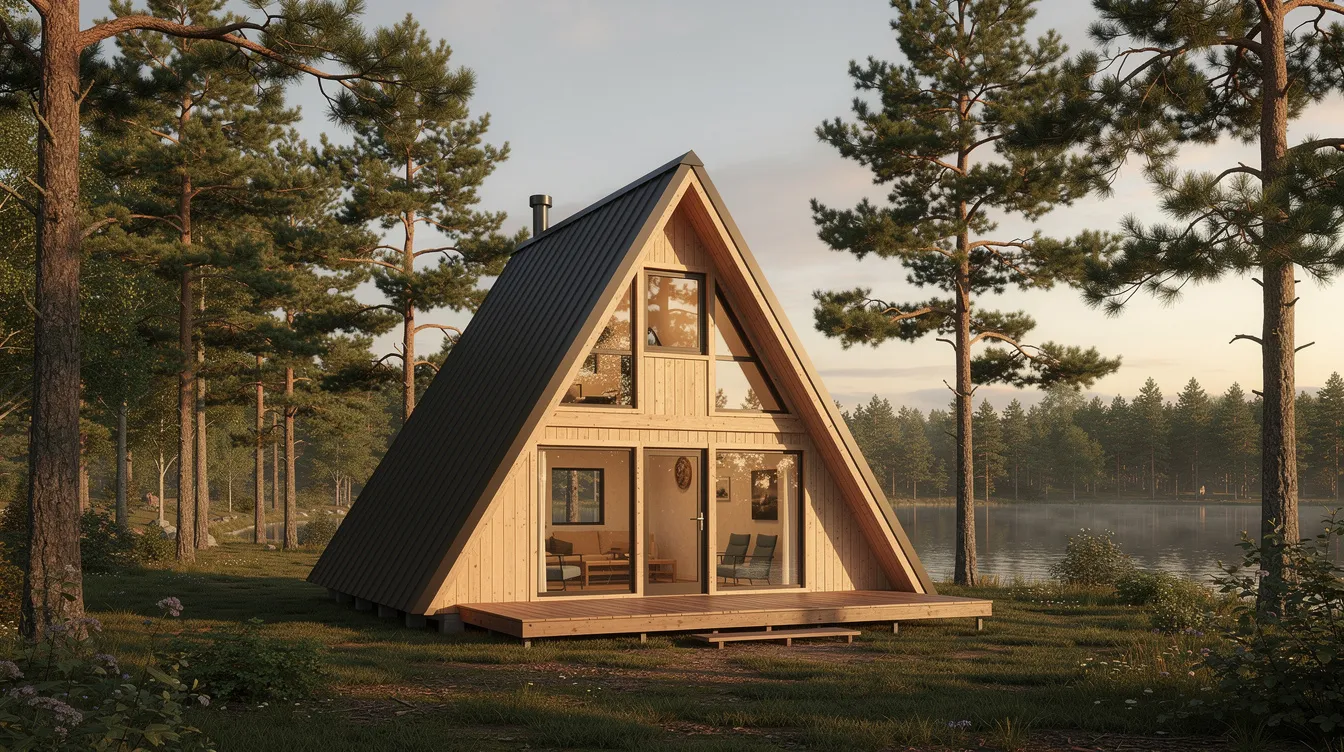A30eac5302024ae88cbcdfe6ce2ba5db The image depicts a standard A frame cabin characterized by its steep triangular roof and minimal exterior walls showcasing a charming and simple design This budget friendly structure is perfect for use as a guest house fishing cabin near the lake or seasonal storage exemplifying the appeal of prefab cabins in Missouri