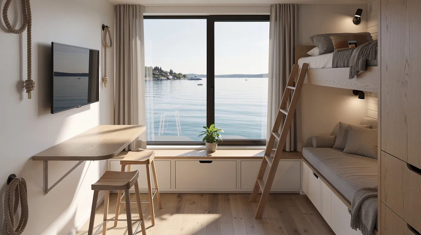 A318026f5987457688e355850fa37f2f The image depicts the compact interior of a floating tiny home featuring a cozy loft bed a fold down table and large windows that provide a stunning view of the water This space is designed for efficient living perfect for those seeking a unique lifestyle on a floating platform