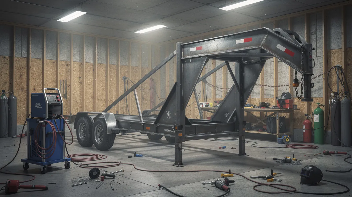 A389e75d553942b0bed89e608d4815e5 The image shows a steel gooseneck trailer frame situated in a workshop surrounded by welding equipment and partially framed walls indicating the construction of a custom tiny house This gooseneck tiny home design offers ample space and a functional living space for creative tiny living solutions