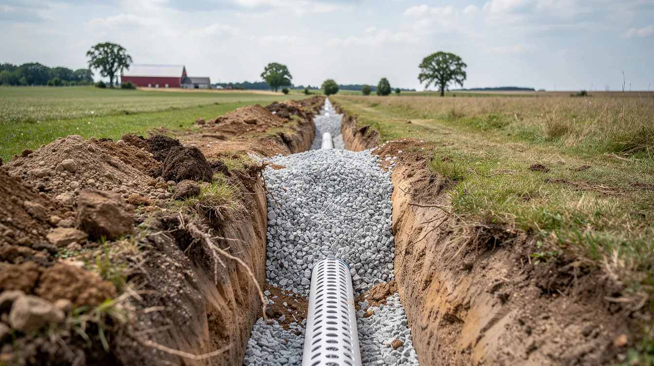 A3df95a54a20492cbd34a2977ff949cb The image shows a gravel filled trench in the ground with a visible perforated pipe set against a backdrop of a rural landscape representing a key component of a septic system for tiny houses This installation is essential for managing wastewater in off grid living situations