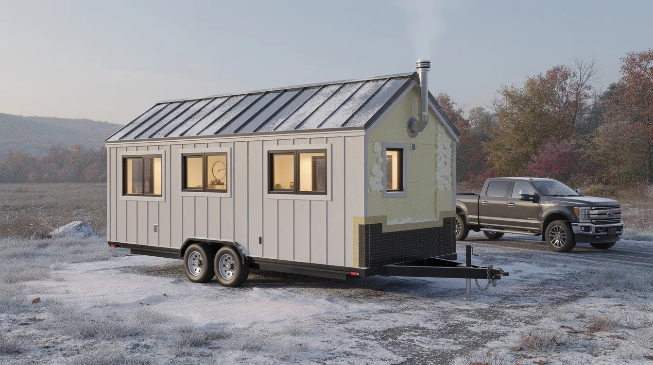 A4be70f3af3145a59766c05706f7e50c The image depicts a cozy 4 season tiny home on wheels showcasing its compact yet functional design built for full time living With quality craftsmanship and premium materials this tiny house features a well insulated structure that can withstand harsh winters all while providing ample space for a comfortable lifestyle