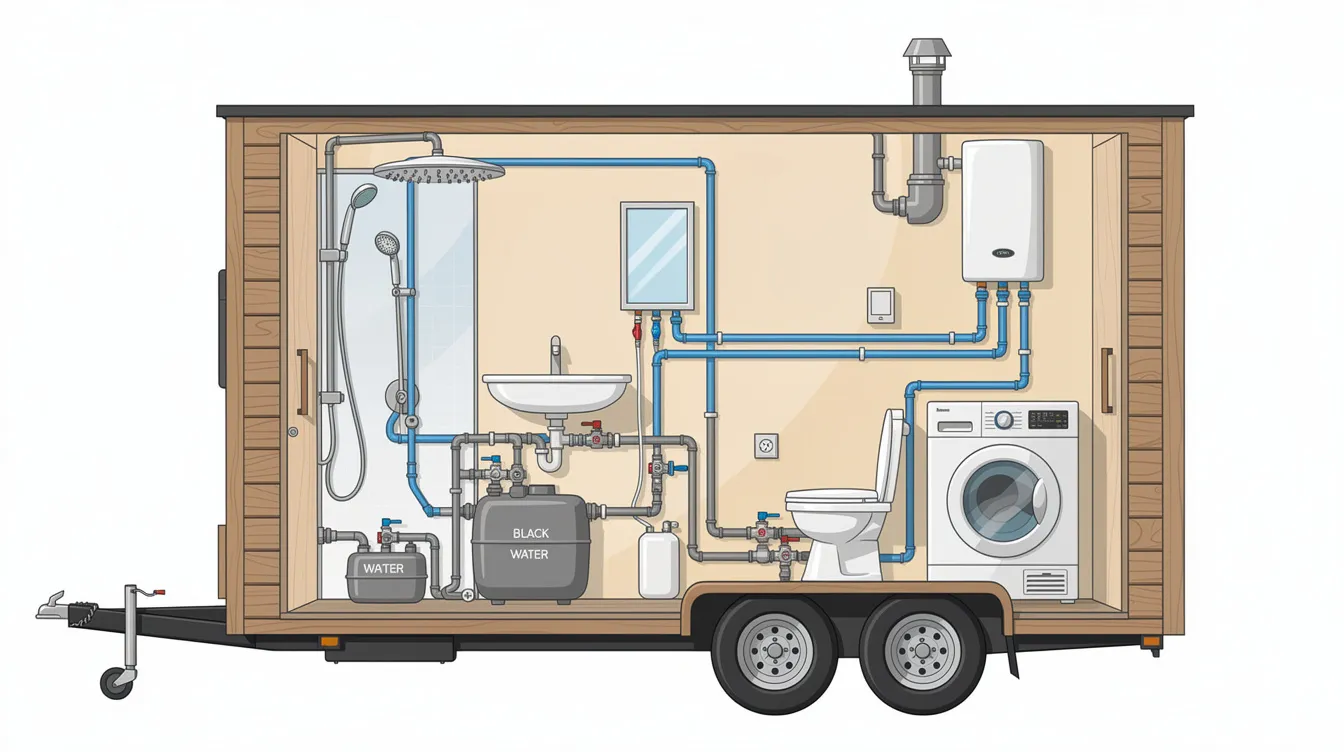 A58f941a50204fe2a490cad470ec1e6b The image illustrates the plumbing system of a tiny house showcasing various components such as pipes a water heater and a composting toilet It highlights the unique challenges of tiny house living including efficient water usage and the costs associated with installing plumbing systems in compact spaces