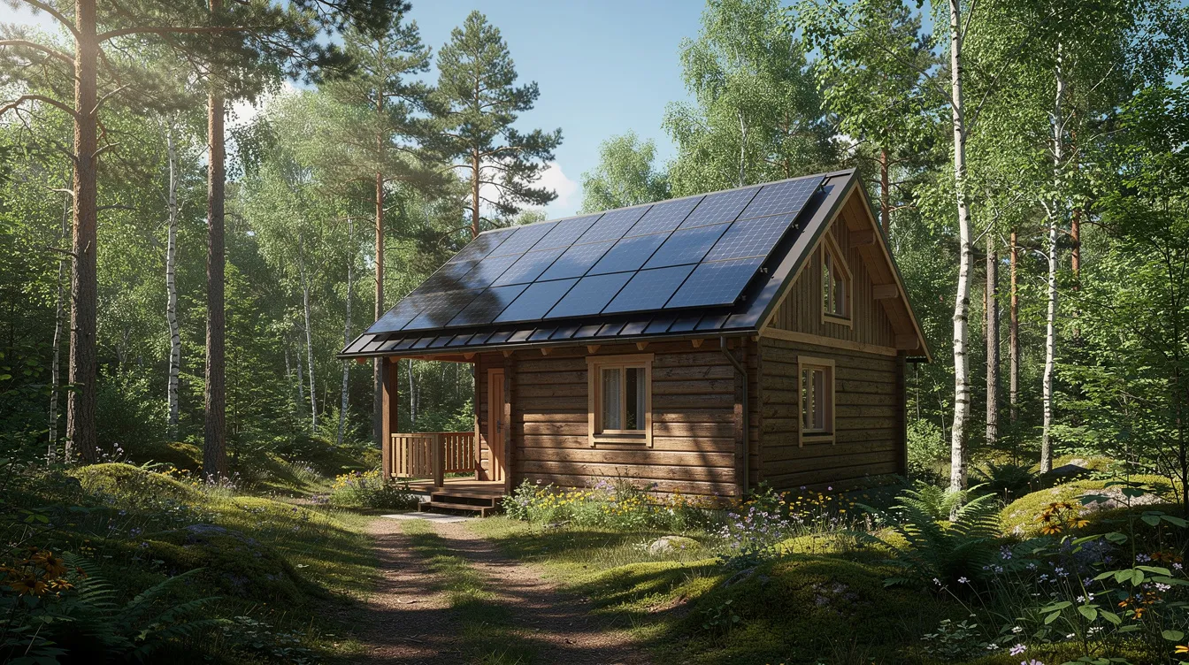 A5a0e8d693634c8f8505836a853c489e The image features a small wooden cabin nestled in a forest topped with solar panels that harness renewable energy This setup highlights the cabin's potential as a tiny house that can provide reliable power through solar power, making it an ideal off-grid living solution.