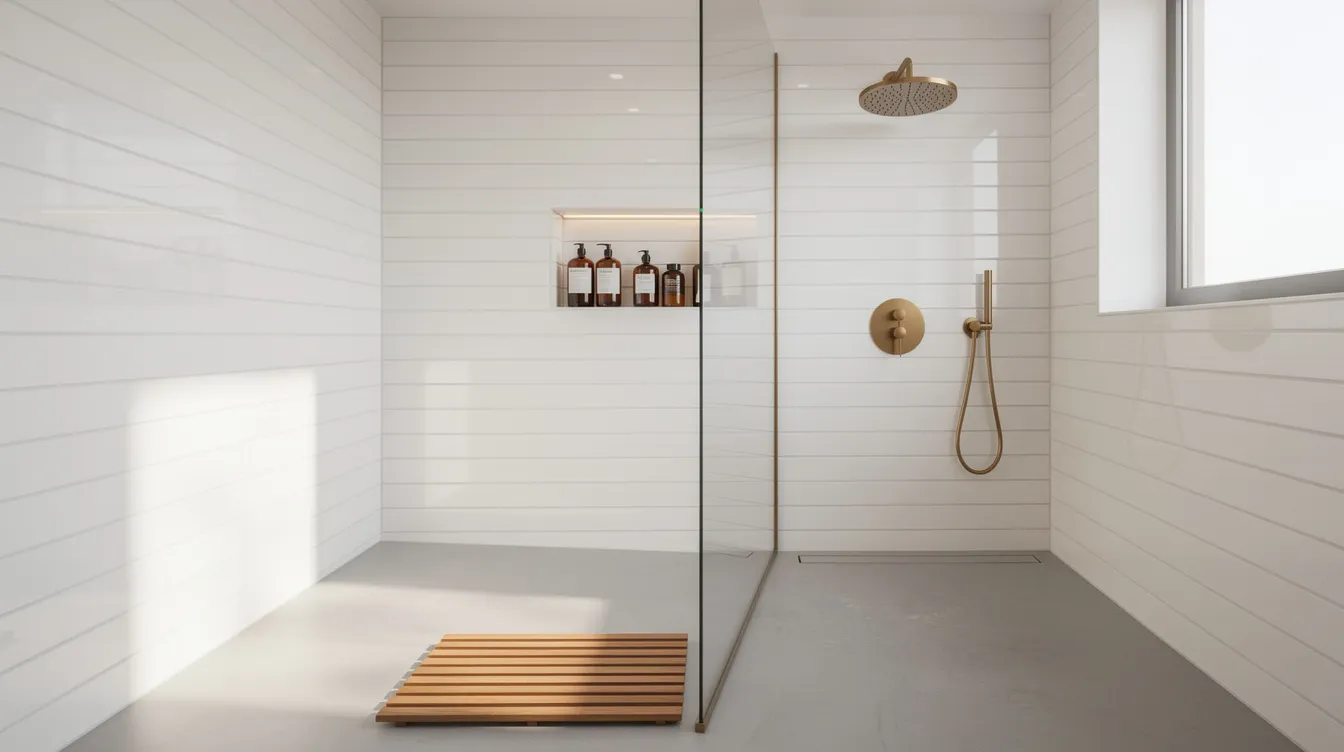 A5aa14ac9e0641df91160b2aabfa70c2 The image depicts a cozy tiny house wet bathroom featuring a warm brass shower head and fixtures white subway tile walls and a teak mat on the floor The glass corner shower allows for natural light to fill the entire space creating a serene spa like atmosphere in such a small area