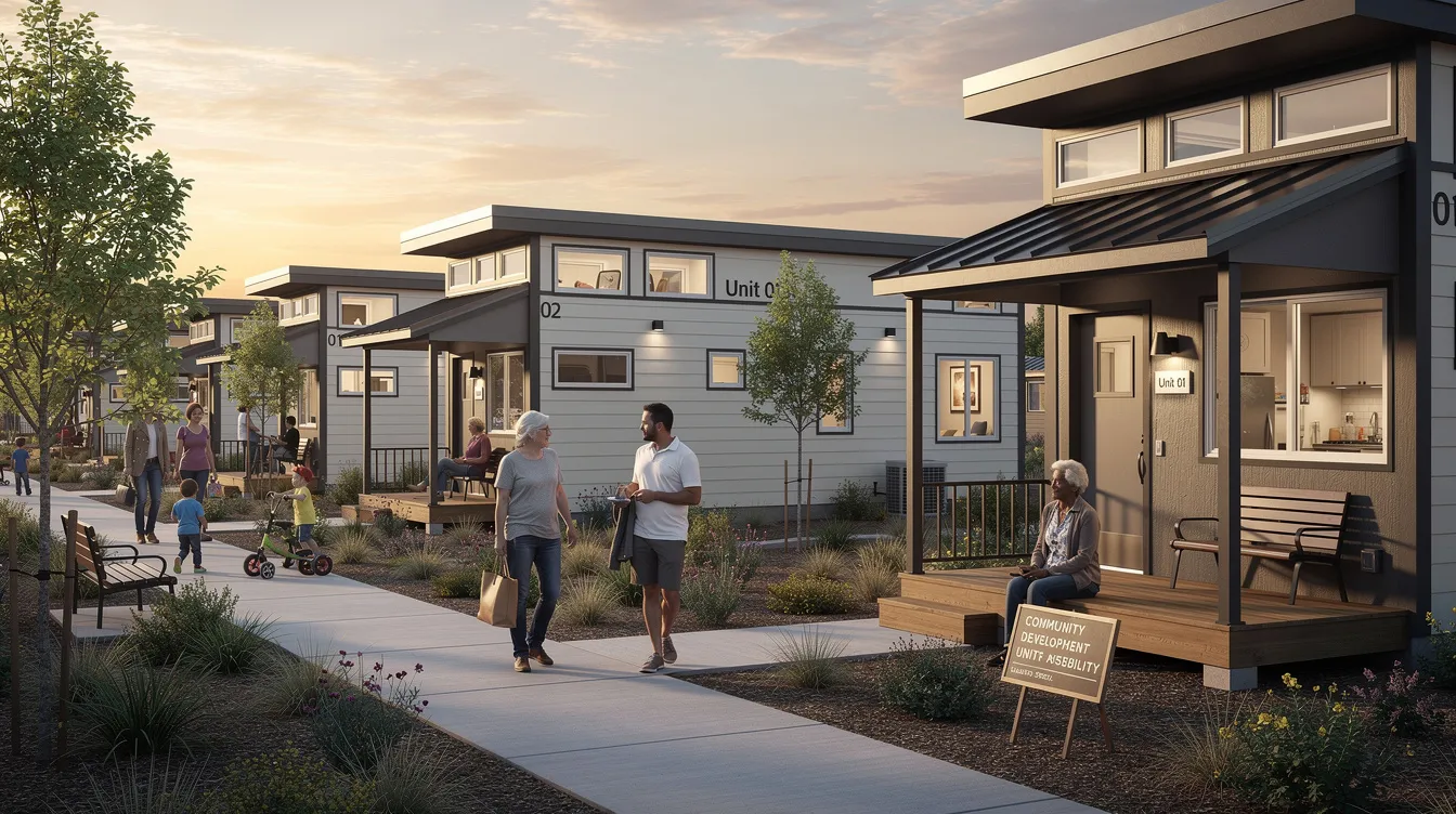 A5fcb051963145278bb573b963640af4 The image depicts a community of standardized tiny homes showcasing durable construction and high quality materials designed for affordable housing developments Each unit features a front door a bedroom kitchen bathroom and family room reflecting a thoughtful layout that prioritizes functionality and quality craftsmanship