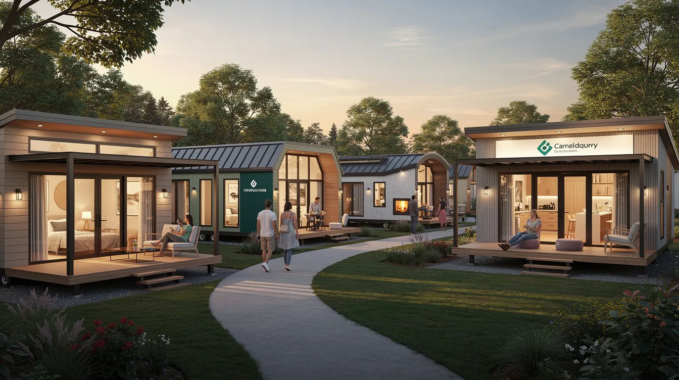 A6c54b80fbb146cdb18b6ee2264a8efe The image showcases a series of corporate and hospitality model tiny homes designed for high traffic commercial use featuring durable construction and premium materials Each unit offers customizable options for unique layouts and branding creating a memorable guest experience ideal for glamping sites and corporate retreats