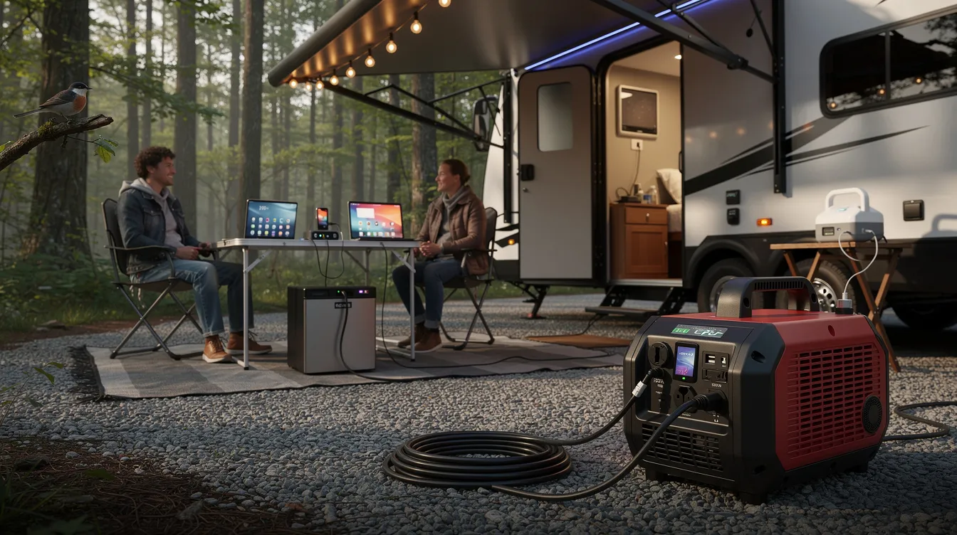 A7db66bbd75947b2b13a230625e1dc7d The image features a lightweight and compact portable inverter generator ideal for RV camping and outdoor events This efficient unit is designed to provide clean electricity for sensitive appliances like lights fridges and air conditioners while ensuring quiet operation and excellent fuel efficiency