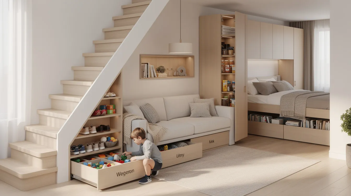 A8c67362ebf546539dcc76937832674b The image showcases a tiny house designed with built in storage solutions integrated into every corner including under stair drawers and recessed wall compartments promoting a clutter free living space for families This clever design maximizes square footage and maintains a cozy aesthetic making it ideal for growing families seeking functional tiny living options