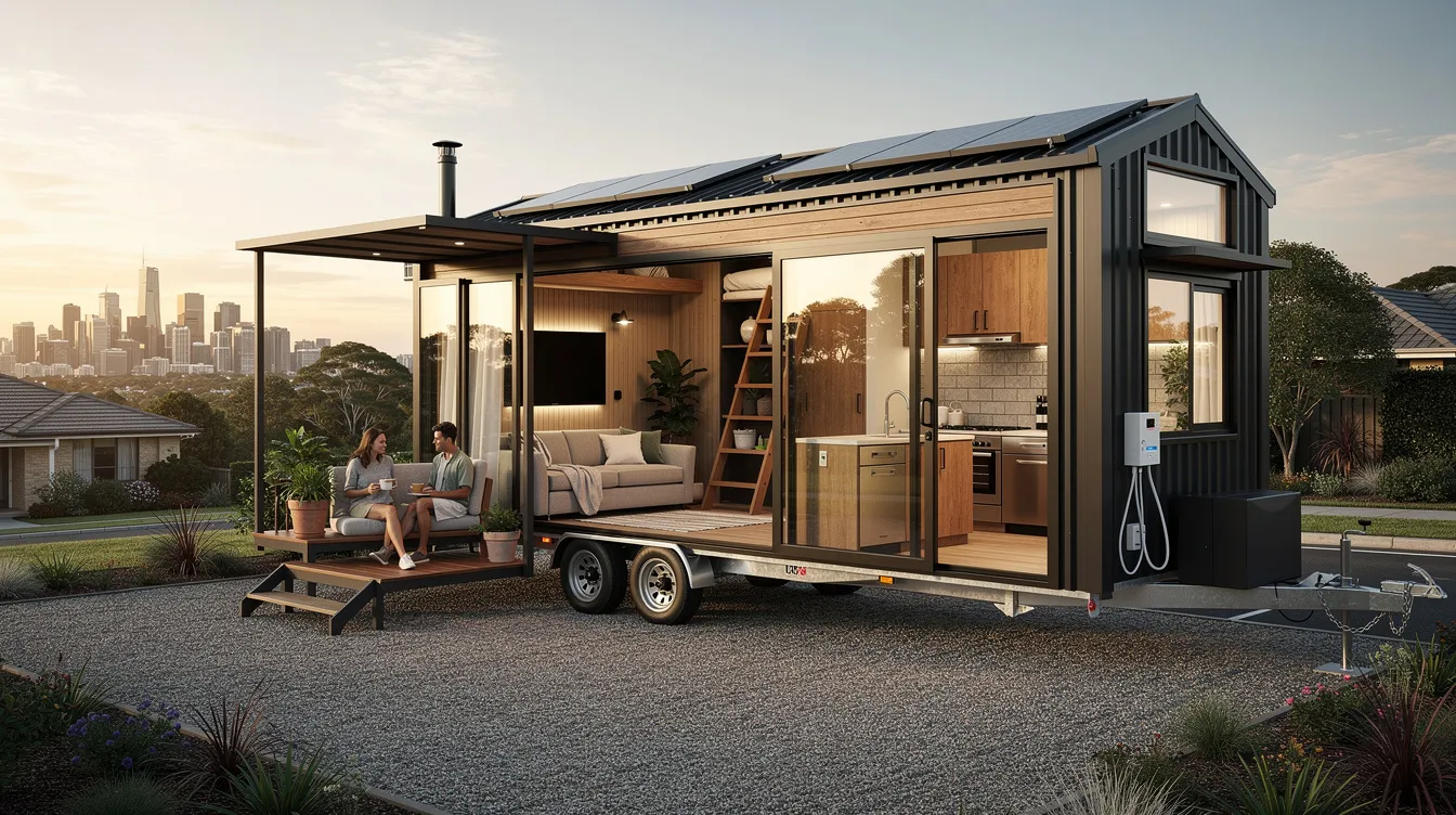 A94f6fa09cb441a4b818af57ae053b88 The image showcases a selection of custom tiny houses on wheels designed for mobility and comfort with a range of sizes from 6 to 12 meters These stunning tiny homes perfect for full time living or weekend getaways are built to meet Australian building standards and are available for delivery within Melbourne metro