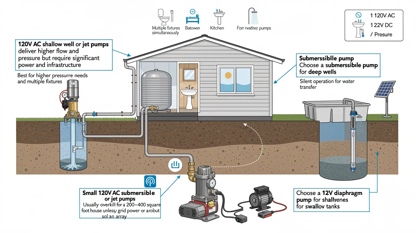 A991955efb8c472892f98864246eb3a6 The image depicts a variety of water pumps suitable for a tiny house including a 120V AC shallow well pump and a submersible pump designed for deep wells These pumps are essential for providing pressurized water for various needs such as washing dishes and filling a composting toilet while ensuring reliable operation in an off grid system