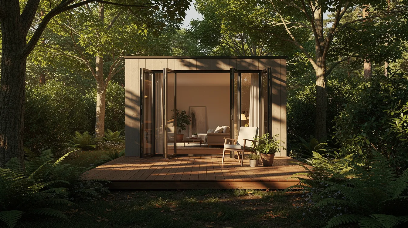 A9999d7628ca47778673f8e0f0a415db The image showcases a cozy tiny house featuring wide open bifold glass doors that lead to a spacious wooden deck surrounded by lush greenery This inviting outdoor space enhances the natural light within the tiny living area making it an ideal layout for families seeking clever storage solutions and a functional design in small spaces