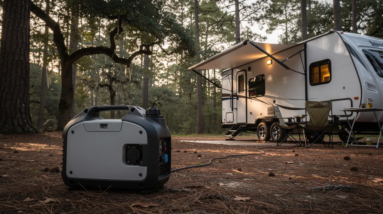 Ab9a2019c41448c59ee0342da3262a10 A portable inverter generator is set up next to a travel trailer at a wooded campsite providing quiet power for camping activities The generator is designed for efficiency perfect for running air conditioning or other essentials while enjoying the outdoors