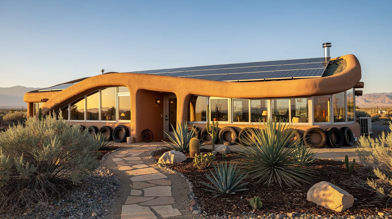 Ac1371b3ffb844528088a287a0858ffb The image depicts an earthship in California showcasing its unique architecture made from natural and repurposed materials Surrounded by the Santa Cruz Mountains this sustainable home features large windows for natural light and a double greenhouse embodying the principles of energy efficiency and grid living