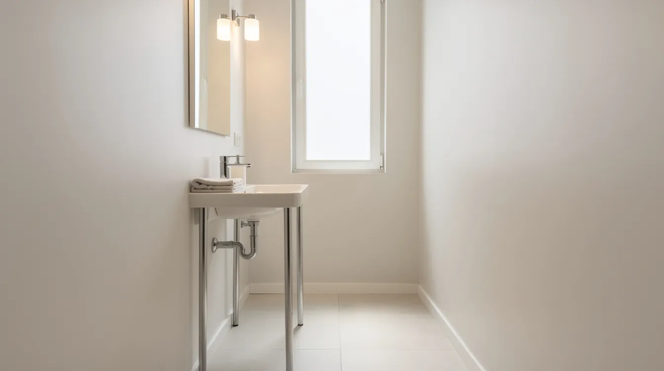 Ac9e3f79e3414b86bff434f8c3079930 The image features a small pedestal sink with slim metal legs positioned in a bright and narrow bathroom space The sink's minimalist design complements the overall aesthetic, making it an ideal choice for tiny house living.