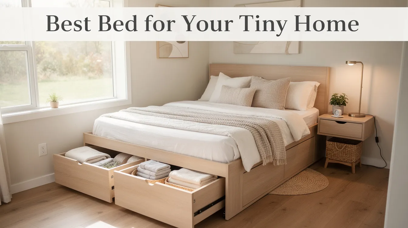 The image showcases a stylish tiny home featuring a multifunctional space with a vertical murphy bed that folds down from the wall, maximizing floor space in the cozy sleeping room. This smart solution allows tiny homeowners to create a comfortable sleeping area while serving multiple purposes in their small living space.