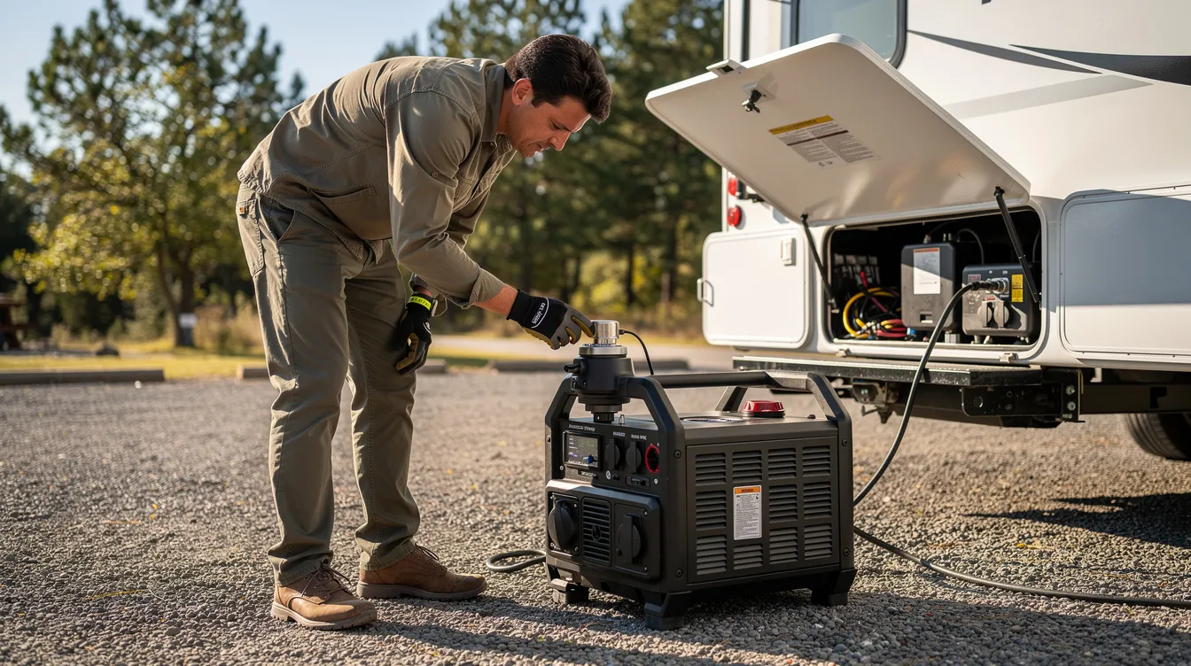 Ae33d45dff204dfcadbb51b85f575b3b A person is inspecting a portable generator outdoors next to an RV which has open compartments revealing its storage space The scene suggests a focus on security verification and ensuring the generator is ready for camping use possibly to power air conditioning or other appliances