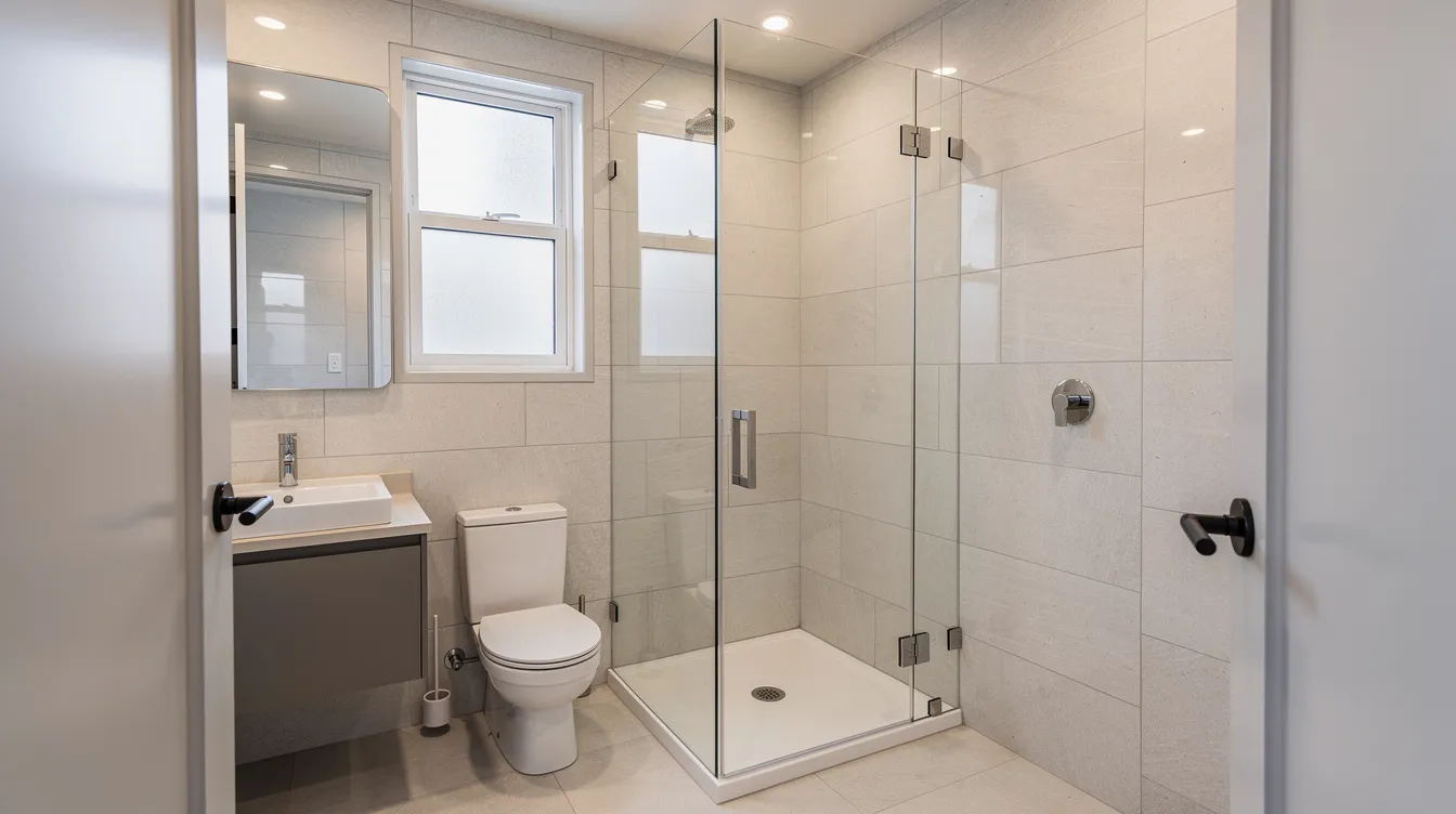 Ae6459838131467ba0daefac4fed40bd The image features a modern neo angle glass corner shower installed in a compact tiny house bathroom showcasing light tile walls that enhance the airy feel of the space This functional bathroom design maximizes storage solutions while saving floor space making it ideal for tiny houses