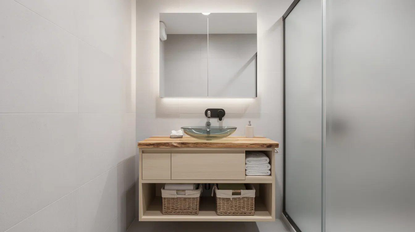 Ae9e801ee1cb41abbbbebc2fea650d6a The image depicts a compact bathroom design featuring a sleek wall hung sink and a stylish vanity topped with a glass vessel basin Above the vanity a mirrored recessed medicine cabinet enhances the sense of space while providing extra storage making it an ideal solution for tiny house bathrooms