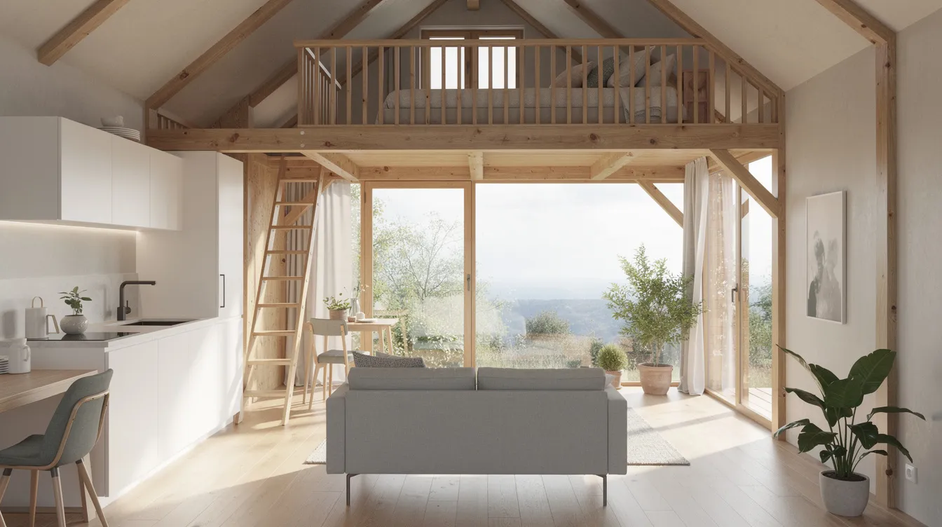 Aece2a249c9c4a528be7712659192cf0 The image depicts an open concept tiny home interior featuring a lofted sleeping area large windows that allow natural light to flood the living space and a sleek modern design that maximizes functionality in a compact living space Clever storage solutions are integrated throughout showcasing the innovative use of square footage typical in tiny house plans