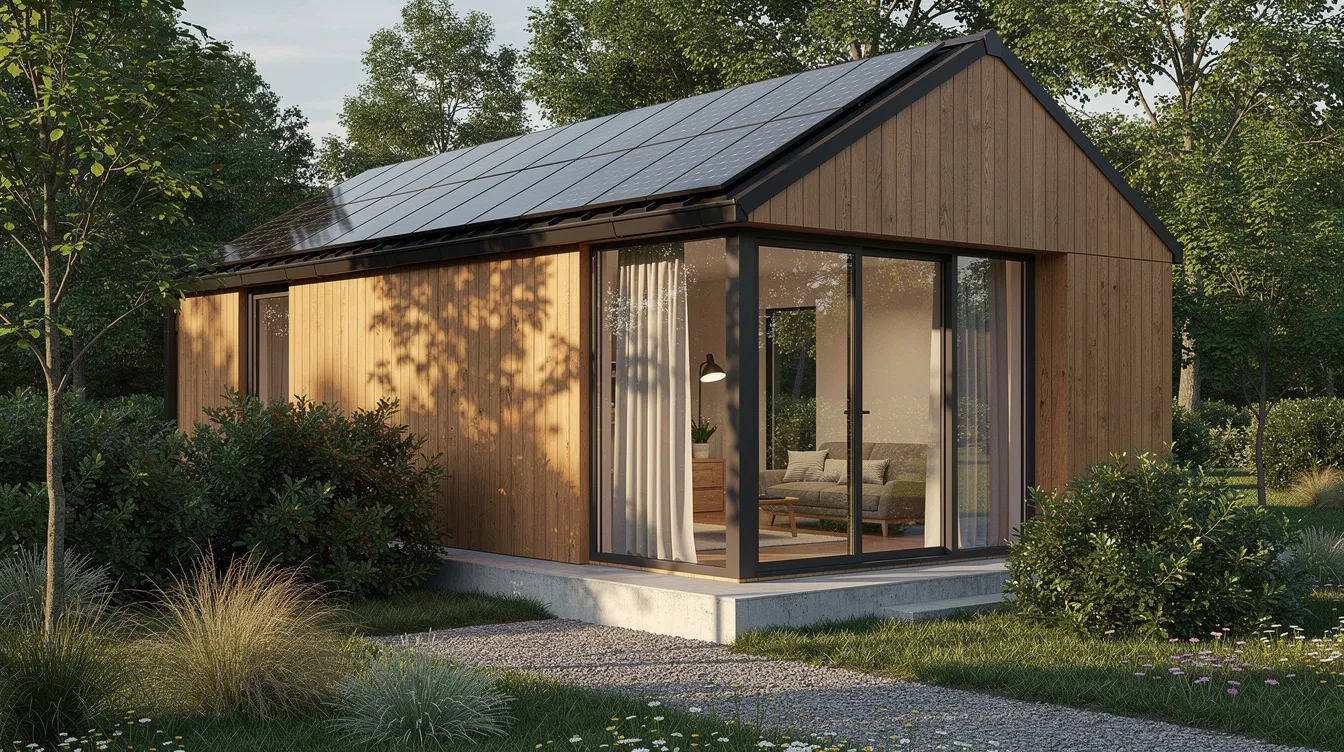 Af575f593f034e95a5da951676ab0789 A modern tiny house with a spacious layout sits on a foundation surrounded by lush greenery featuring large windows and rooftop solar panels exemplifying the tiny house movement and sustainable living This compact home highlights the growing demand for eco friendly living spaces with off grid capabilities