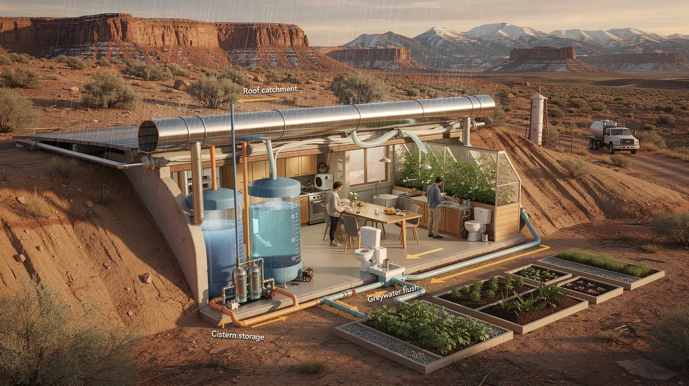 B0577448db3a45c0b69d7ea1e03fd95b The image depicts an earthship designed for water collection in arid conditions showcasing a rainwater harvesting system with cisterns for storage This sustainable architecture part of the earthship community in Utah emphasizes self sufficiency by utilizing recycled materials and features a double greenhouse for plant treatment and greywater recycling