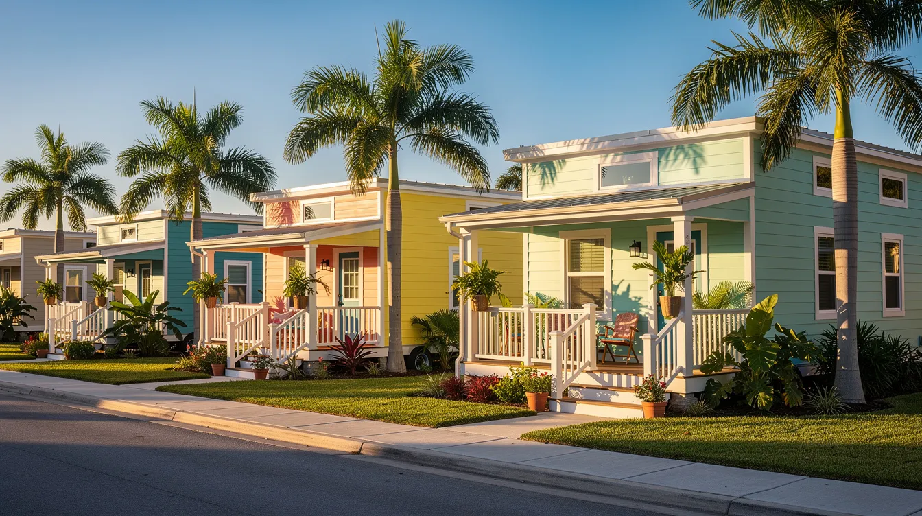 B0682304004a4dd7ad536f3534083ab4 A vibrant row of small colorful tiny homes with inviting front porches is set against a sunny backdrop in a Florida neighborhood showcasing the charm of affordable housing in the St Pete tiny house community This picturesque scene highlights the potential for individuals and families to explore property options in Pinellas County