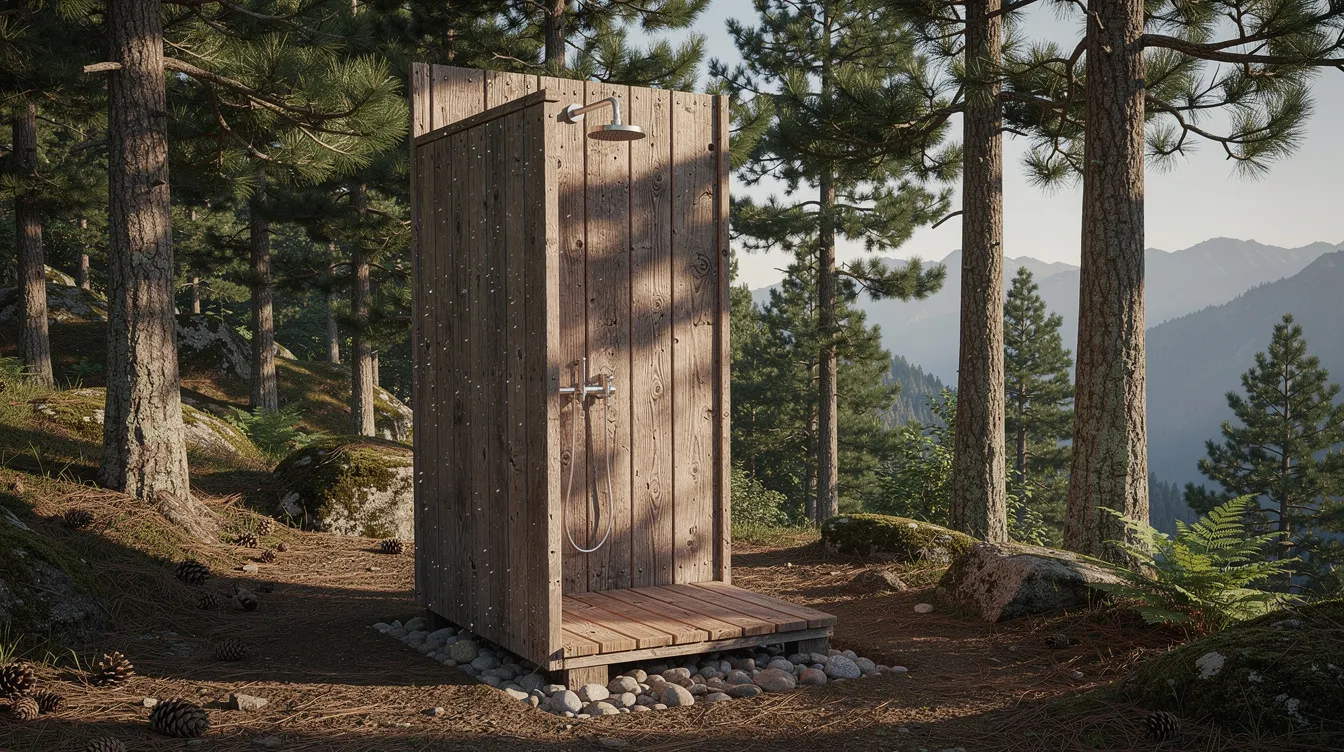 B1fbc26d63c24099b29f0b61a4d78c12 The image features a rustic wooden outdoor shower stall nestled among tall pine trees in a serene forested mountain setting providing an ideal spot for refreshing cold showers or relaxing hot showers in nature The natural surroundings enhance the off grid experience making it a perfect retreat for those seeking adventure and tranquility