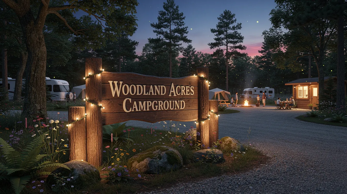 The image depicts Woodland Acres Campground, featuring a collection of cozy tiny houses nestled among trees, showcasing the charm of tiny living in Connecticut. This tiny home community offers a serene environment with access to nature, ideal for those seeking affordable and sustainable housing options.