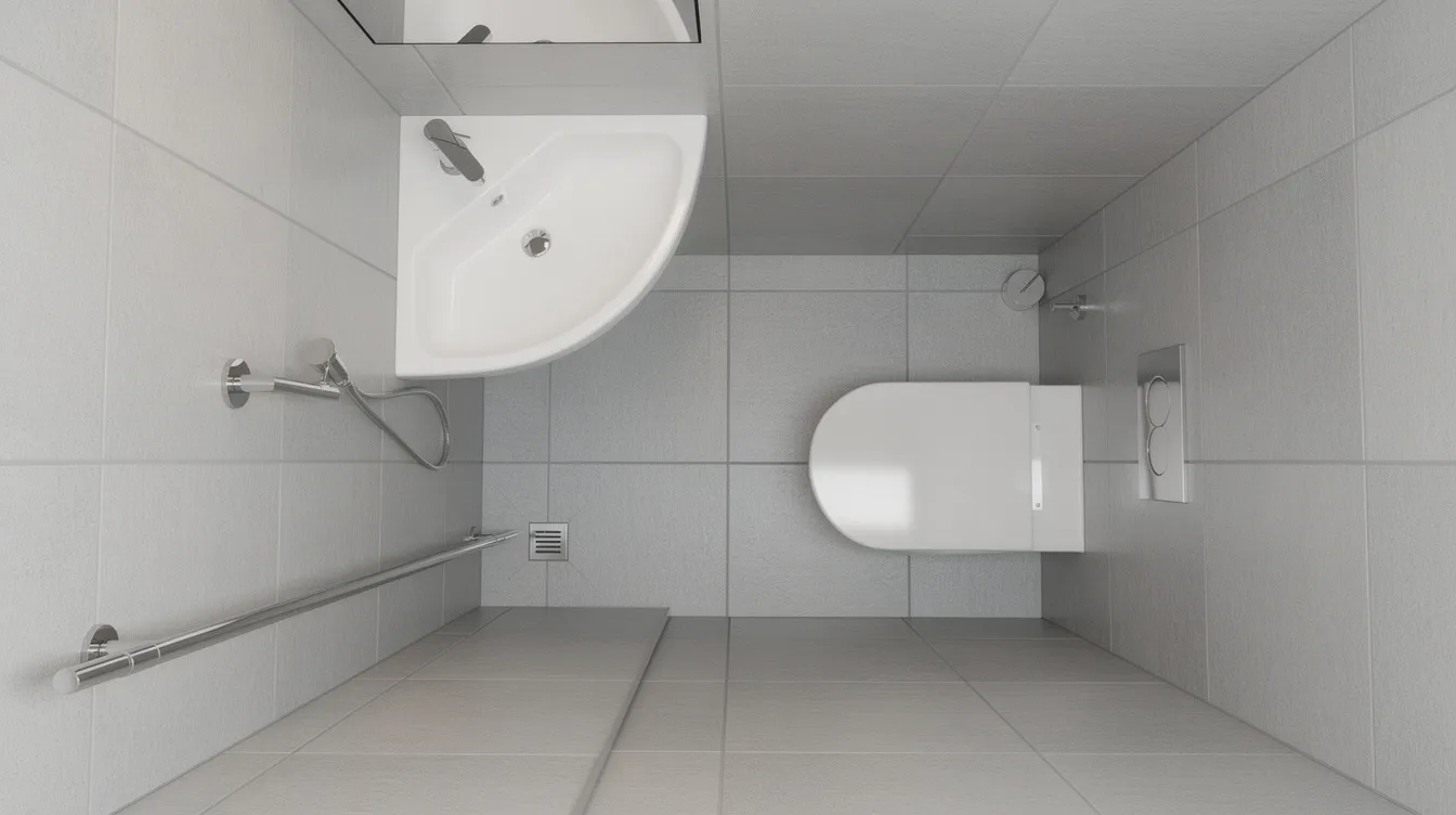 B494931e835b46bfbbea80d1567a005a This top down view showcases a tiny house bathroom featuring a wall mounted flush toilet a compact corner sink and a handheld shower head mounted on a slide bar all within a wet area designed to maximize space The tiled floor and natural light enhance the entire room's functionality, making it an efficient solution for small bathrooms.