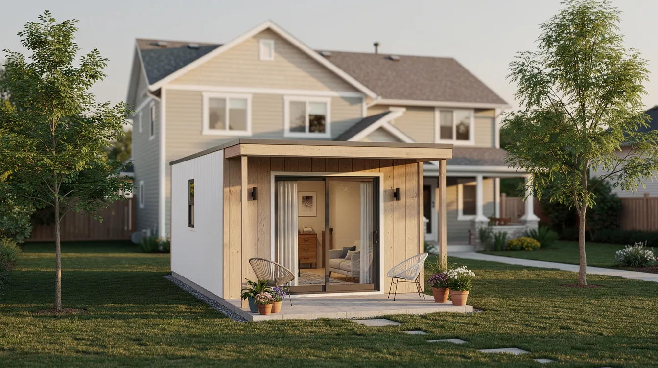 The image shows a small accessory dwelling unit often referred to as a tiny home nestled in a backyard with a larger main house visible in the background This setup exemplifies the growing trend of tiny house living which can offer affordable housing options while adhering to local zoning laws and building regulations in Connecticut