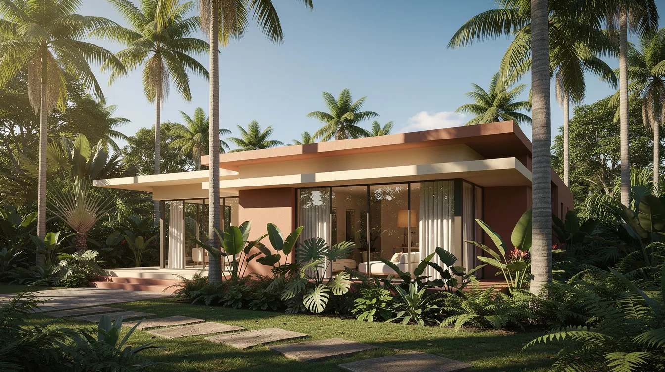 B54edc61e59246b19f637ddda147891d A low profile earth toned Florida earthship blends seamlessly into its tropical surroundings surrounded by lush palm trees and dense green vegetation under a bright sunny sky This sustainable structure built with recycled materials showcases modern amenities while promoting an eco friendly lifestyle