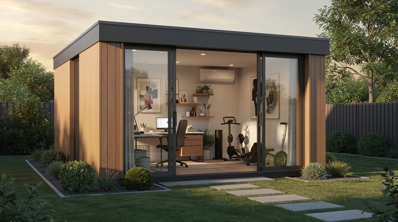 B55db6079ef040dba965dee63f9cfdab The image showcases a modern escape shed with a sleek minimalist design featuring large windows a flat roof and clean lines making it a stylish addition to any backyard This versatile structure serves as a perfect solution for a home office gym or workshop providing ample storage space and a comfortable workspace for many years