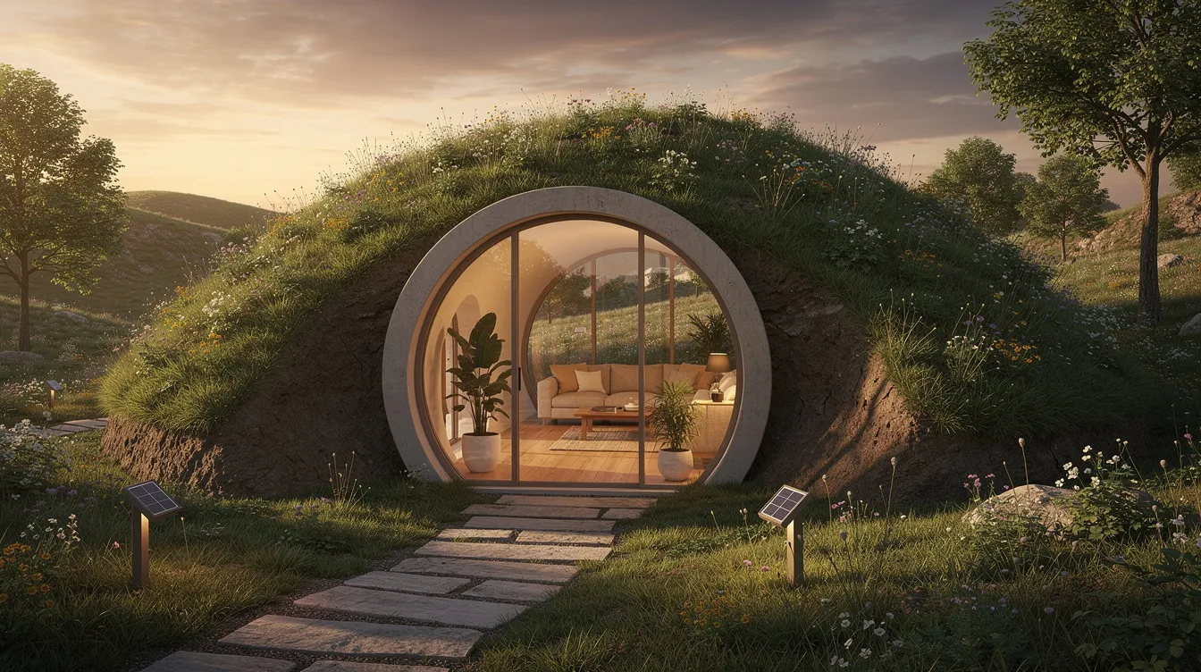 B5777d1d8d0f4d03a3d4f763fe90337a The image depicts an underground dome house showcasing its unique geodesic shape and energy efficient design This monolithic dome home is surrounded by natural spaces emphasizing its cost effective construction and sustainable living benefits