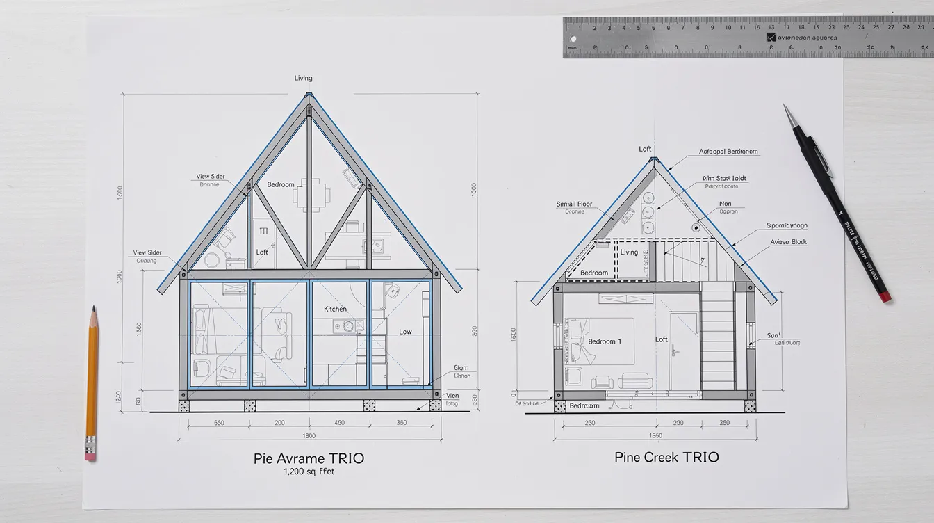 B6600b5537ac49149782f944305c7a12 This top down view showcases a series of A frame cabin plans featuring distinctive triangular roofs and expansive windows that invite natural light into the cozy living spaces The designs highlight flexible layouts with options for two to four bedrooms perfect for creating comfortable retreats amidst nature