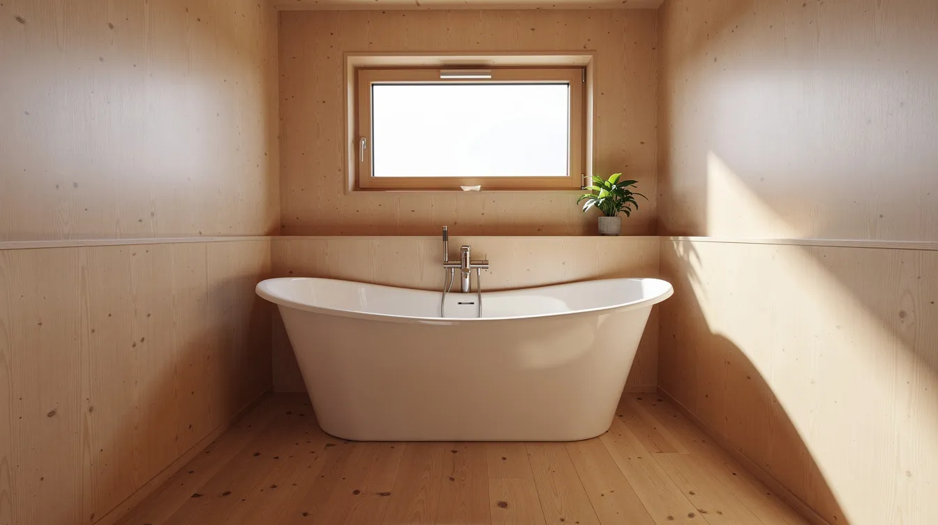 B69182f2732c44eab07c583547fe8748 The image features a small freestanding bathtub resembling a clawfoot tub situated in a bright and compact wooden bathroom A window above the tub allows natural light to fill the tiny house bathroom enhancing the cozy atmosphere of this efficient space designed for tiny living