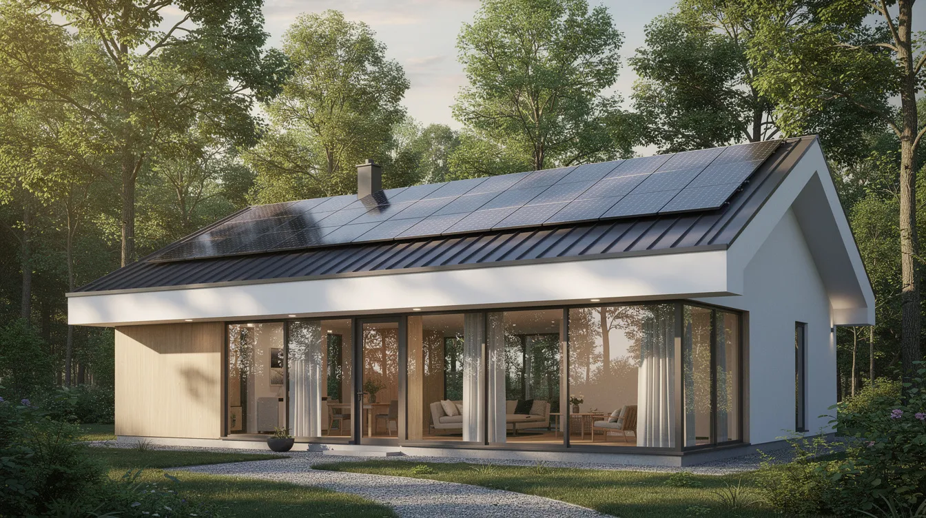 B700d33fe01e4e339d7350dbdd5a0e1e The image depicts a modern energy efficient home featuring large windows and solar panels on the roof nestled among lush trees This sustainable architecture exemplifies green building principles utilizing eco friendly materials and designs to promote energy efficiency and reduce utility bills