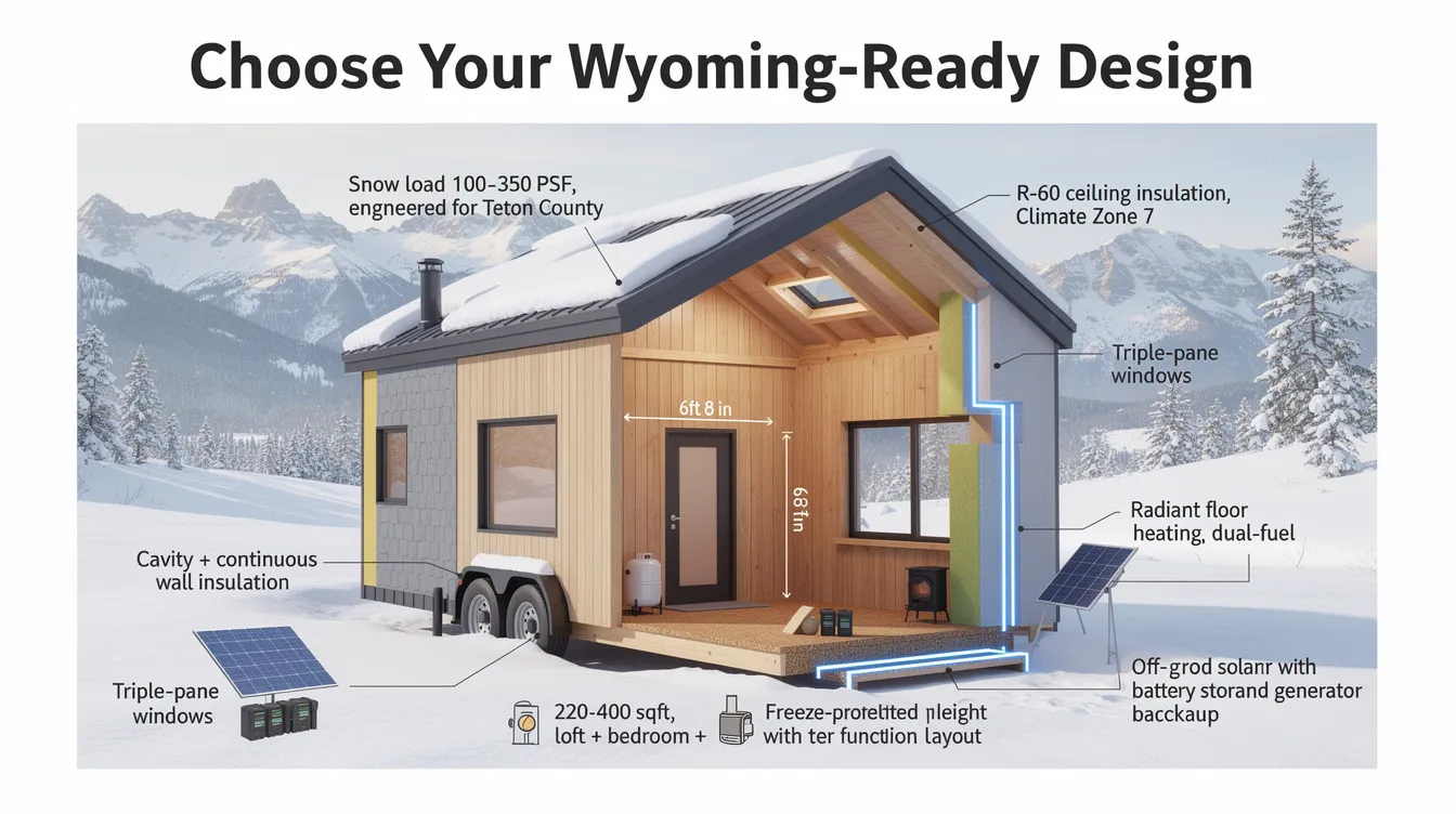 B804d07b1dd54a2bb06f2c437227e352 The image features a selection of Wyoming ready tiny home designs showcasing various styles and customization options tailored for the state's unique climate. Each tiny house is designed with high-quality materials and features like triple-pane windows and optimized roof pitches, ensuring efficiency and comfort in cold temperatures.
