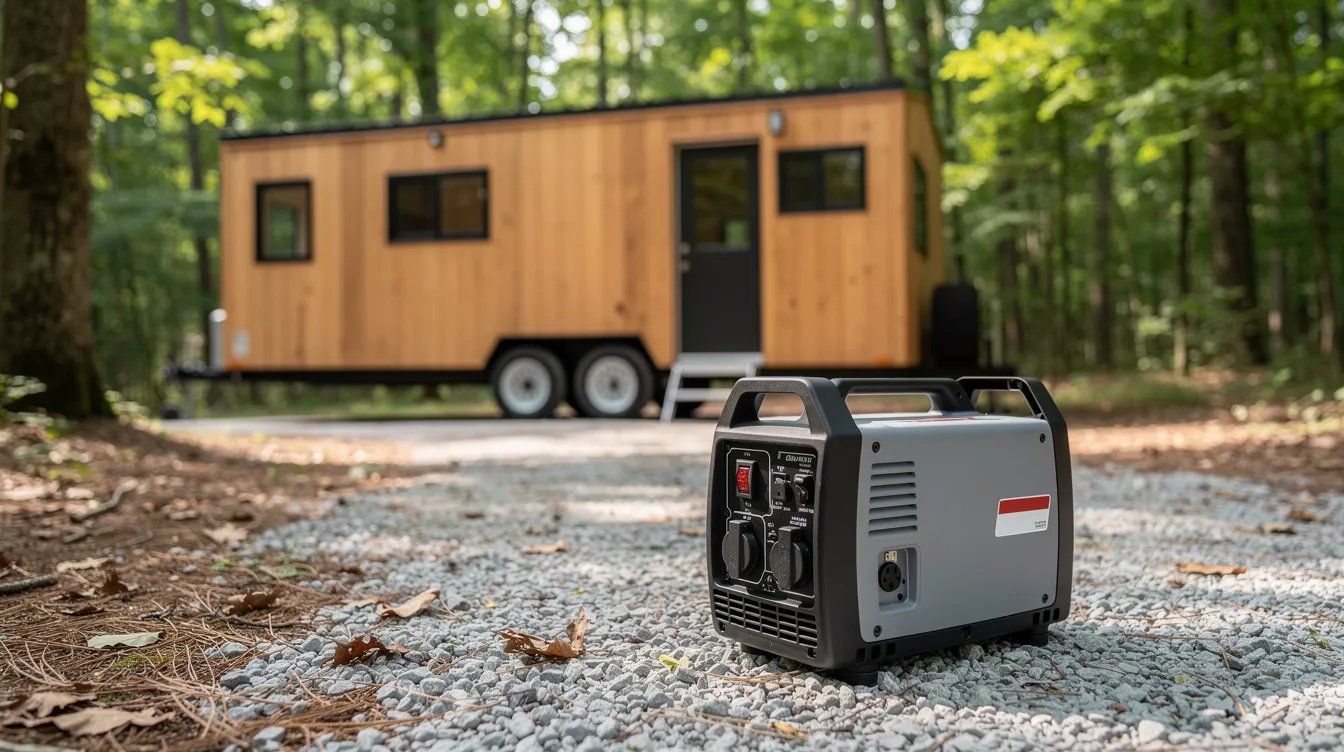 B82a6f5e9bac4b45a7b081b91552d21b A small portable inverter generator is positioned on gravel beside a tiny house on wheels surrounded by a wooded area showcasing a sustainable living setup perfect for off grid power solutions The generator ideal for powering essential electrical appliances highlights the benefits of using renewable energy in a compact home environment