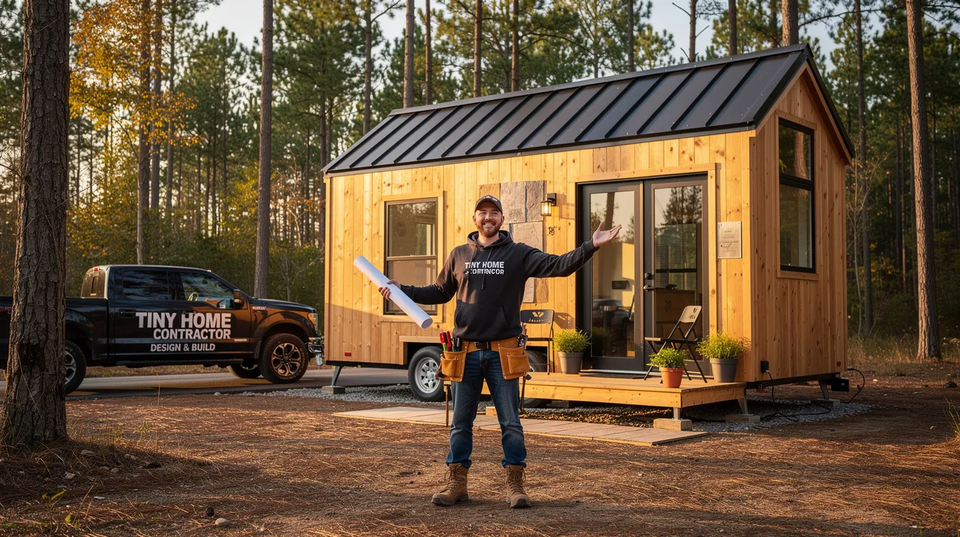 B96cfdb8d4bf47979a27f23322a5af94 An image of a tiny home contractor showcasing a beautifully crafted tiny house highlighting its spacious interior with large windows and quality craftsmanship The contractor is discussing custom tiny home models with potential clients emphasizing the affordable and hassle free process of building tiny homes tailored to individual lifestyles