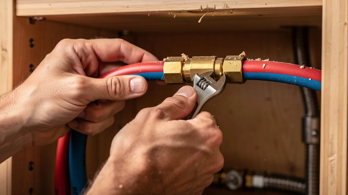 B9bf846793c84a109f6775e7092e1105 A close up view of hands tightening a brass fitting on PEX tubing set inside a small wooden cabinet space showcasing the intricate plumbing work necessary for a water system in a tiny house This image highlights the careful installation process of components essential for delivering pressurized water to fixtures like sinks and showers