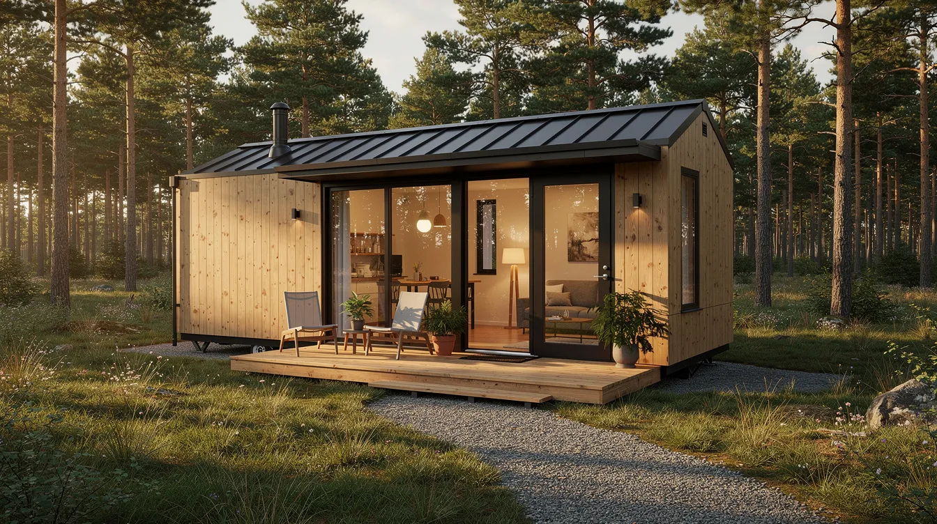 The image depicts a cozy tiny house nestled in a scenic location, showcasing modern design elements and energy-efficient features. With a welcoming front door and a compact layout, this tiny home exemplifies the tiny house journey, offering great ideas for those interested in building tiny houses or living a more affordable lifestyle.