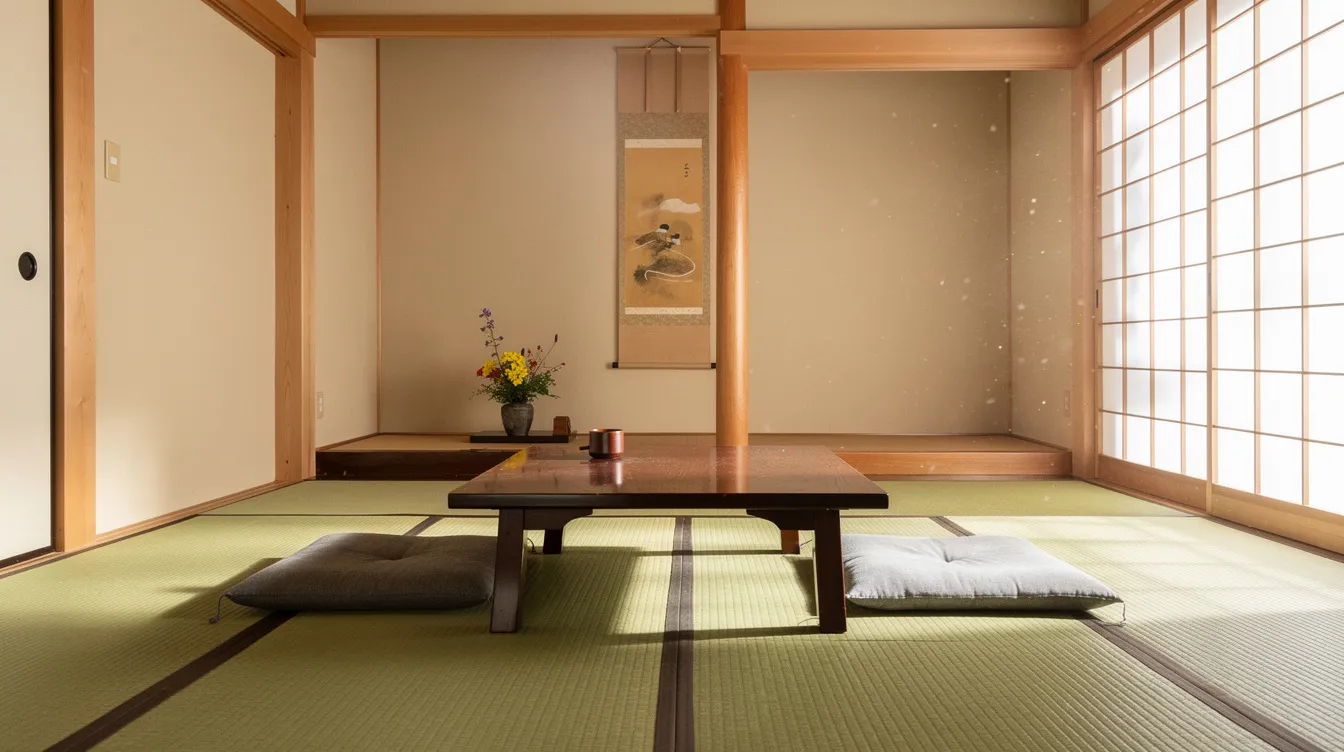 Bbe6d9c70709471599897ea08034b45d The image depicts a serene tatami room featuring traditional tatami mats made from rush grass that cover the floor complemented by a low wooden table and a platform bed adorned with a futon Shoji screens softly divide the space enhancing the Japanese style and cultural background of this elegant room which promotes relaxation and simplicity