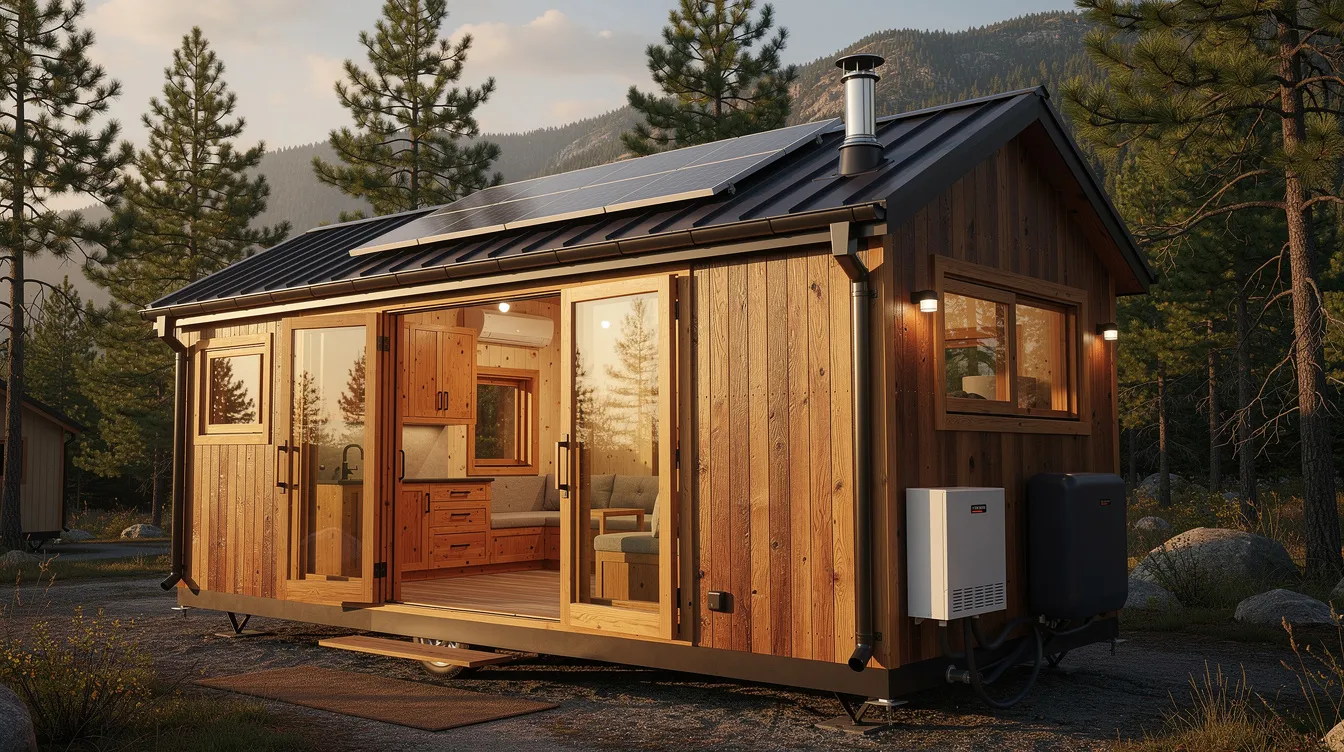 Bc579fa8ce254e528d5dfeb8f0697d4a The image showcases a beautifully designed tiny house featuring high quality materials such as cedar siding and standing seam metal roofing Inside the space highlights craftsmanship with tongue and groove wood walls large windows for natural light and efficient storage solutions embodying the principles of the tiny house movement and sustainable living