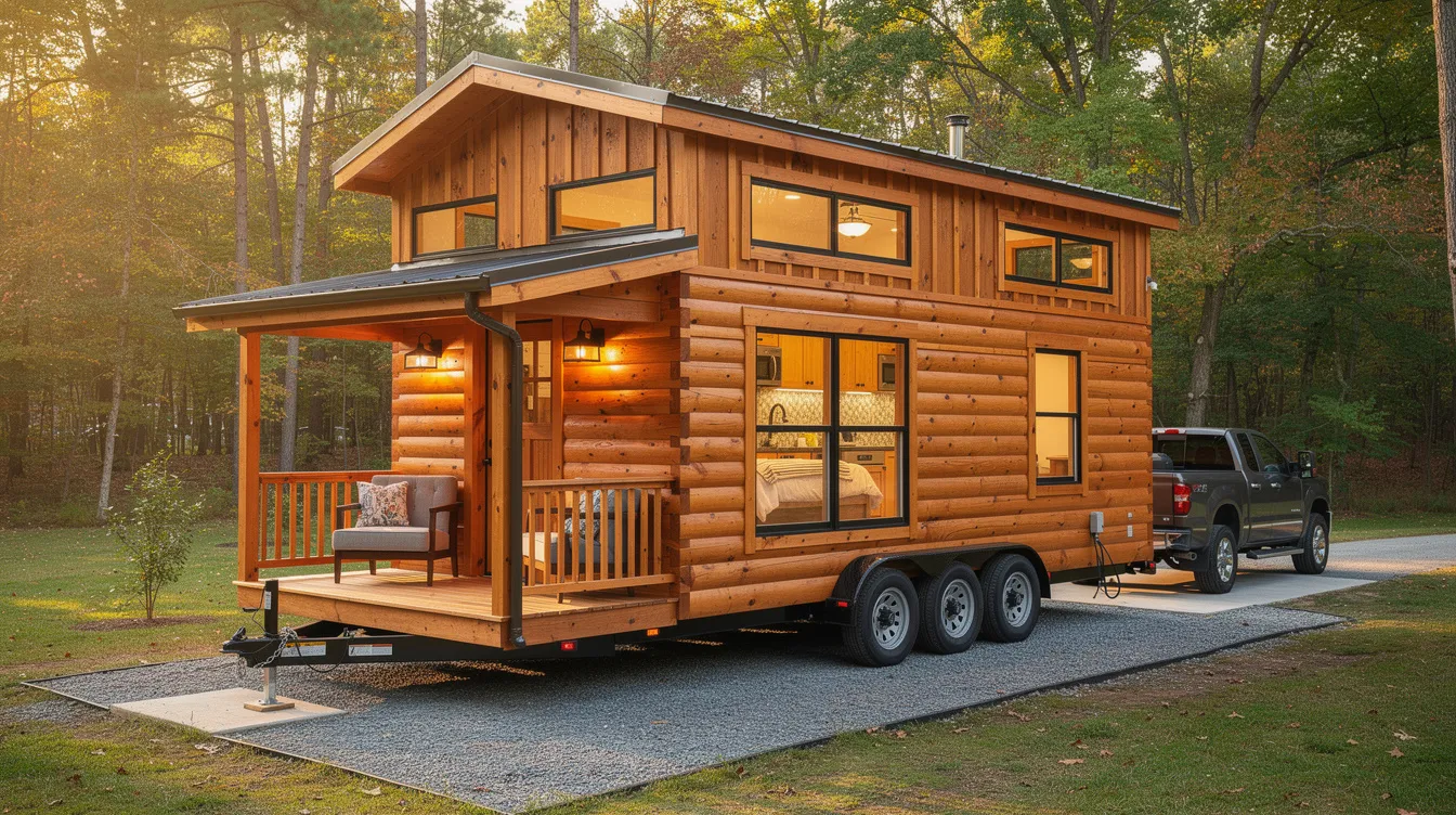 Bceccc637835444b87f2d3f4141bc4ad The image features a cozy park model cabin on wheels showcasing its rustic log cabin design and compact living space ideal for use as a tiny home or Airbnb rental in Lancaster County PA The cabin is equipped with essential amenities emphasizing its functionality and comfort for a perfect retreat